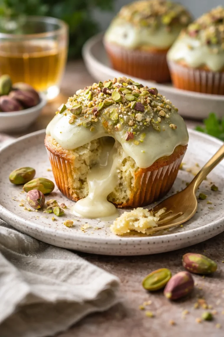 Dekadente weiße Schokoladenpistazien-Lava-Muffins auf einem Teller