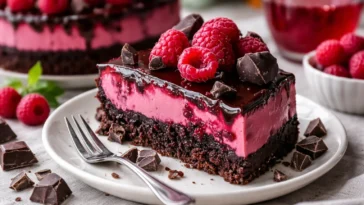 Dekadenter Dunkel-Schokoladen-Himbeer-Käsekuchen mit frischen Himbeeren und cremigem Käsebelag.