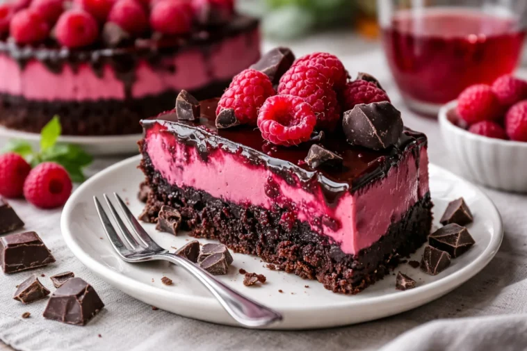 Dekadenter Dunkel-Schokoladen-Himbeer-Käsekuchen mit frischen Himbeeren und cremigem Käsebelag.