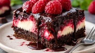 Dekadenter dunkler Schokoladen-Himbeer-Käsekuchen mit frischen Himbeeren