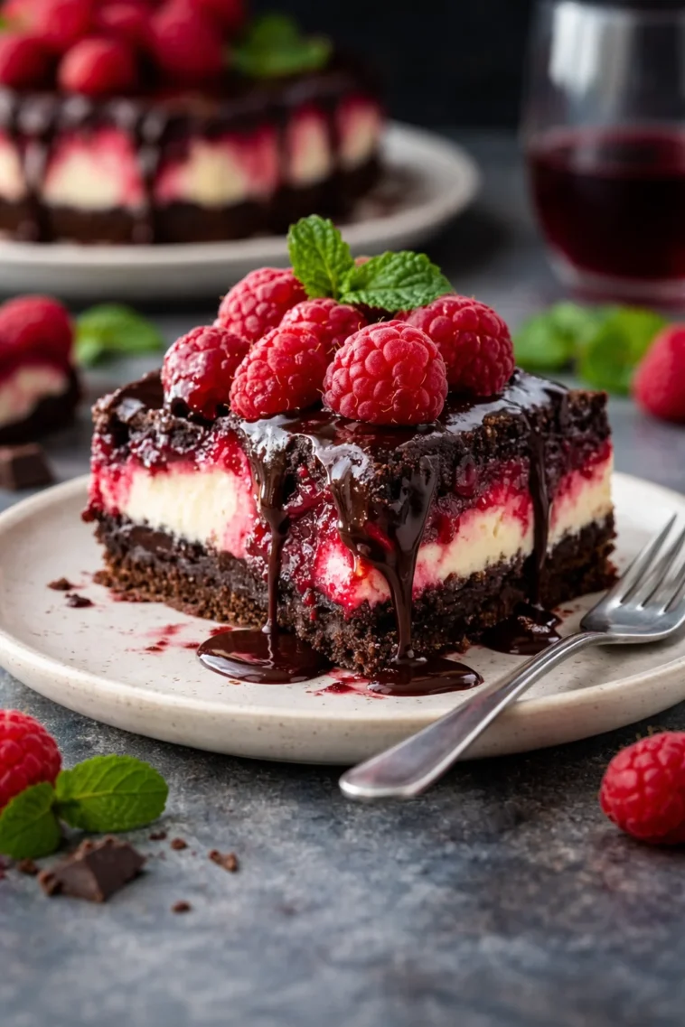 Dekadenter dunkler Schokoladen-Himbeer-Käsekuchen mit frischen Himbeeren