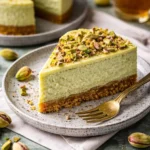 Dekadenter Pistazienkäsekuchen auf einem Teller mit frischen Pistazien