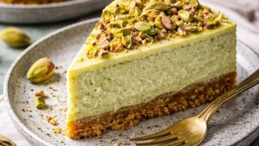 Dekadenter Pistazienkäsekuchen auf einem Teller mit frischen Pistazien