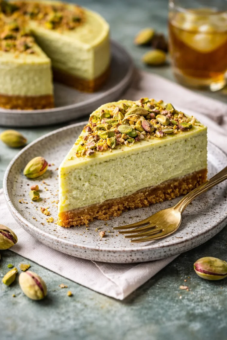 Dekadenter Pistazienkäsekuchen auf einem Teller mit frischen Pistazien