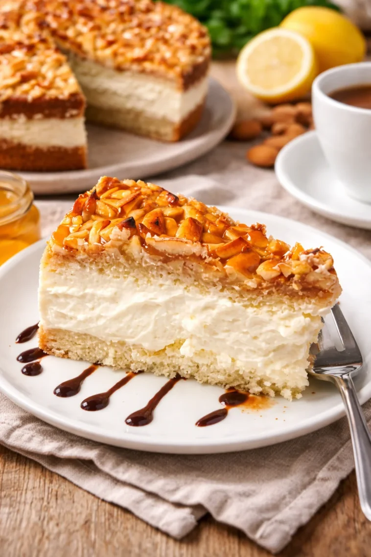 Traditionelles Bienenstich Gebäck mit Sahnefüllung und knusprigem Mandelbelag