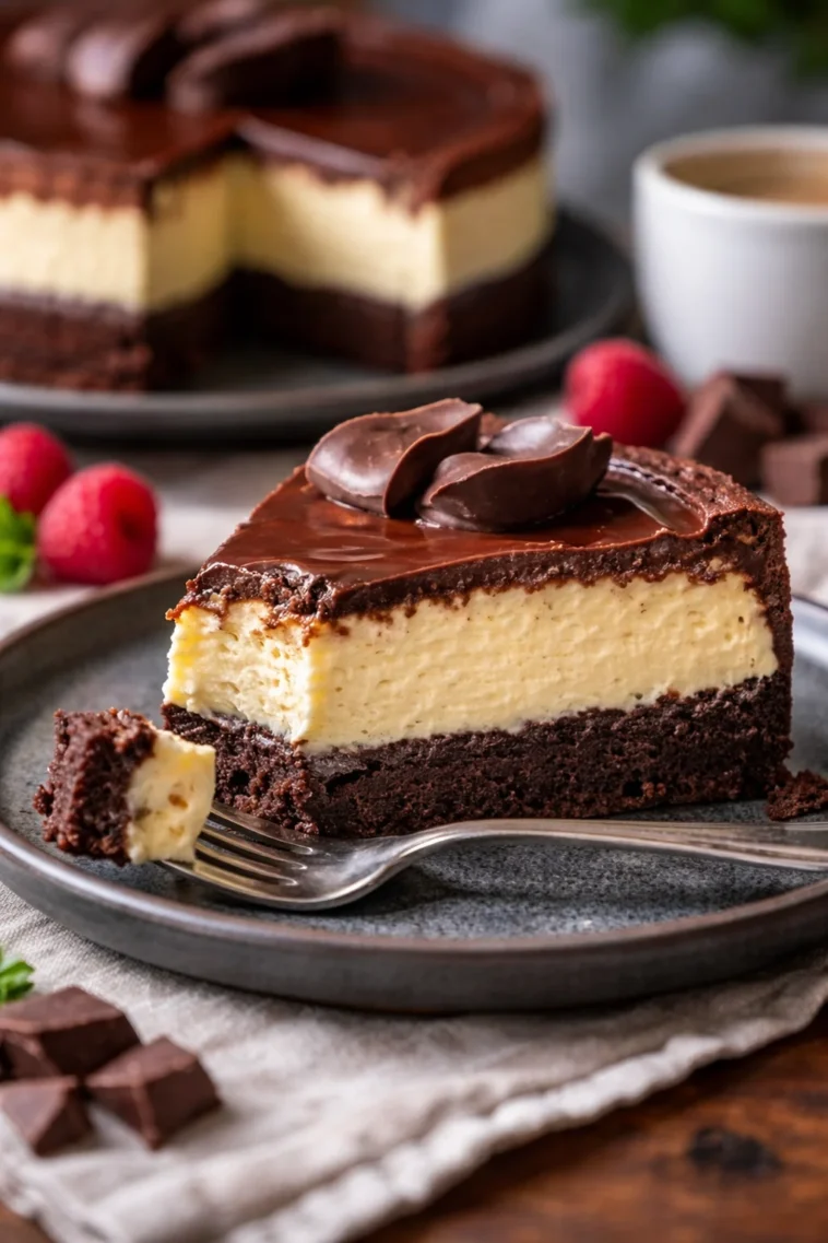 Leckerer Brownie-Käsekuchen mit Schokoladengeschmack und cremiger Käsekuchen-Schicht