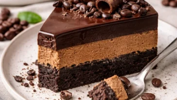 Dreischichtiger Schokoladen-Espresso-Cheesecake mit Schokoladenglasur und Espresso-Aromen