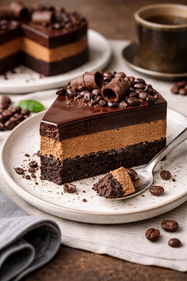 Dreischichtiger Schokoladen-Espresso-Cheesecake mit Schokoladenglasur und Espresso-Aromen