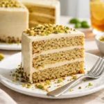 Leckere Dubai Torte auf einem Teller mit Zuckerguss und Deko