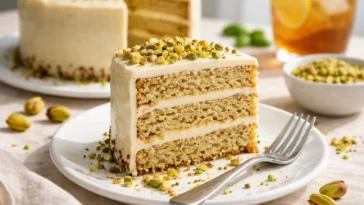 Leckere Dubai Torte auf einem Teller mit Zuckerguss und Deko