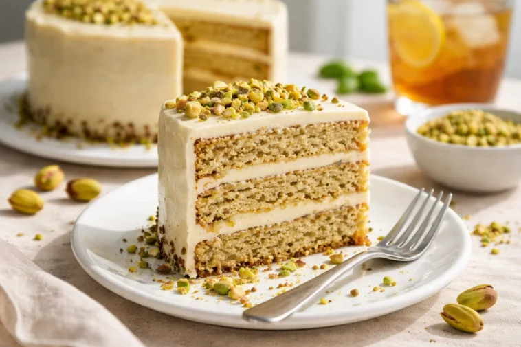 Leckere Dubai Torte auf einem Teller mit Zuckerguss und Deko