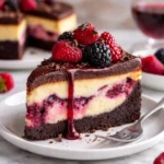 Dunkle Schokoladen-Himbeer-Cheesecake mit frischen Himbeeren und Schokoladensauce