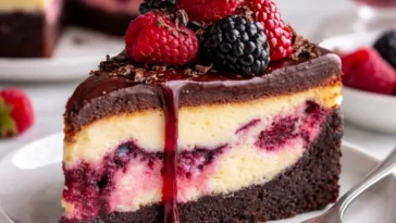 Dunkle Schokoladen-Himbeer-Cheesecake mit frischen Himbeeren und Schokoladensauce