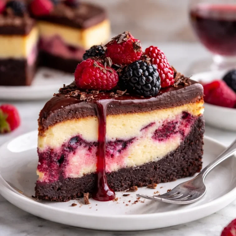 Dunkle Schokoladen-Himbeer-Cheesecake mit frischen Himbeeren und Schokoladensauce