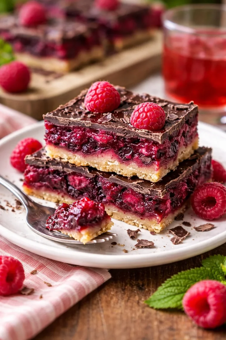 Dunkle Schokoladen-Himbeer-Pieflecken auf einem Teller