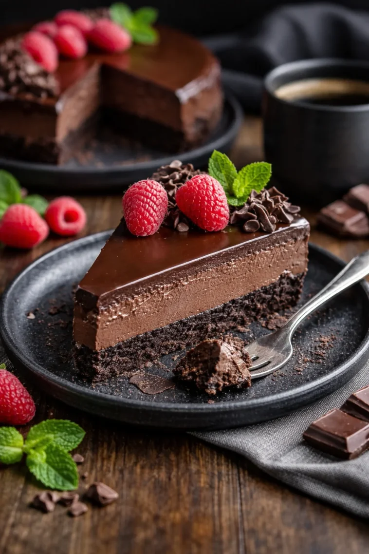 Dunkler Schokoladenkäsekuchen mit cremiger Käsefüllung und Schokoladenglasur