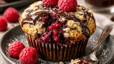 Dunkle Schokoladenstückchen-Himbeer-Streuselmuffins frisch aus dem Ofen