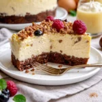 Eierlikörmousse-Torte auf einem Teller, dekoriert mit Schokolade und Sahne.