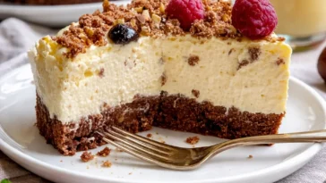 Eierlikörmousse-Torte auf einem Teller, dekoriert mit Schokolade und Sahne.