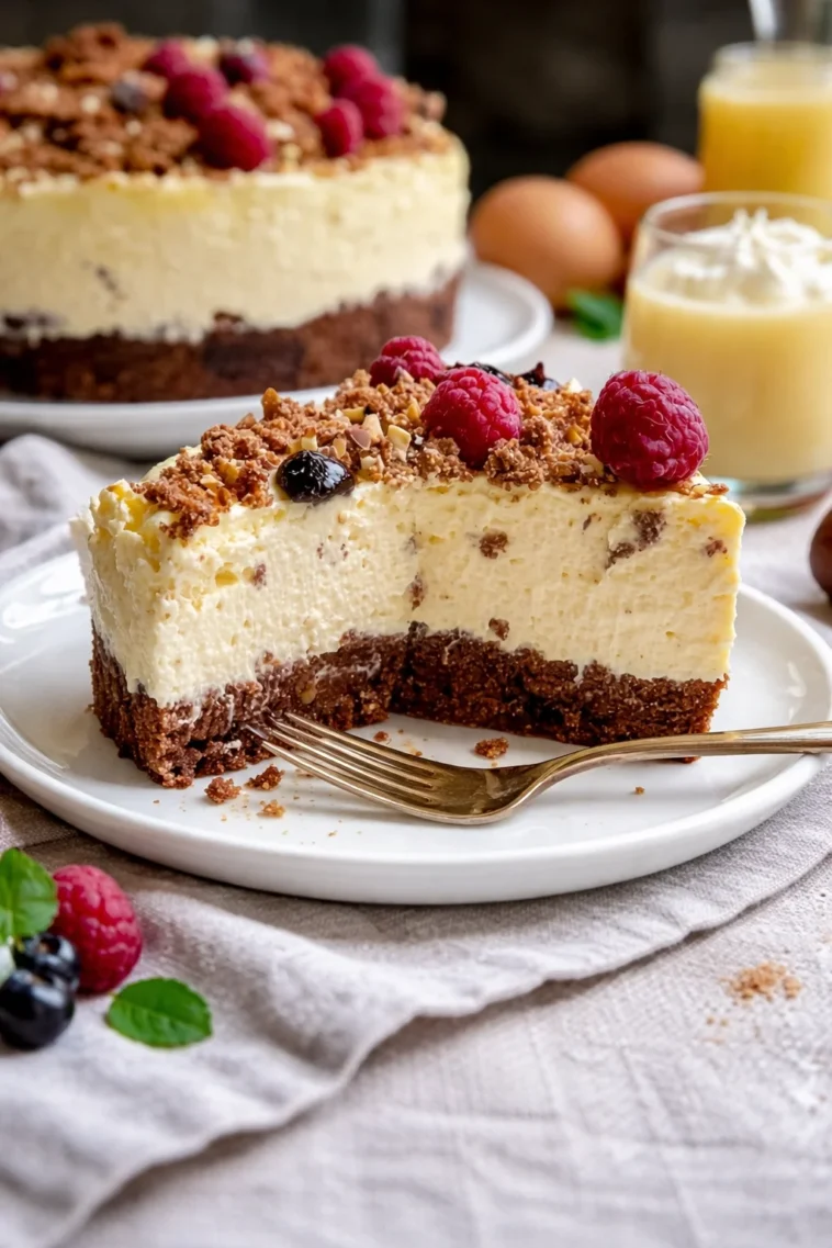 Eierlikörmousse-Torte auf einem Teller, dekoriert mit Schokolade und Sahne.