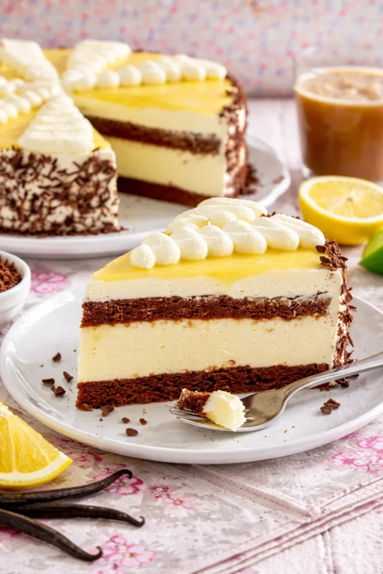 Eierlikörtorte mit Sahne und Schokoladendekoration auf einem Teller