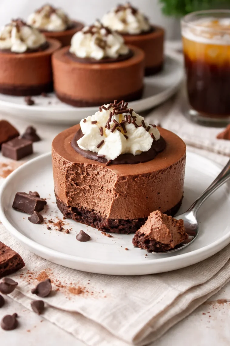 Eierloser Schokoladenmousse-Kuchen, reichhaltig und cremig, perfekt für Desserts.