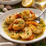 Einfache Garnelen Scampi in einer leckeren Knoblauchsoße serviert.