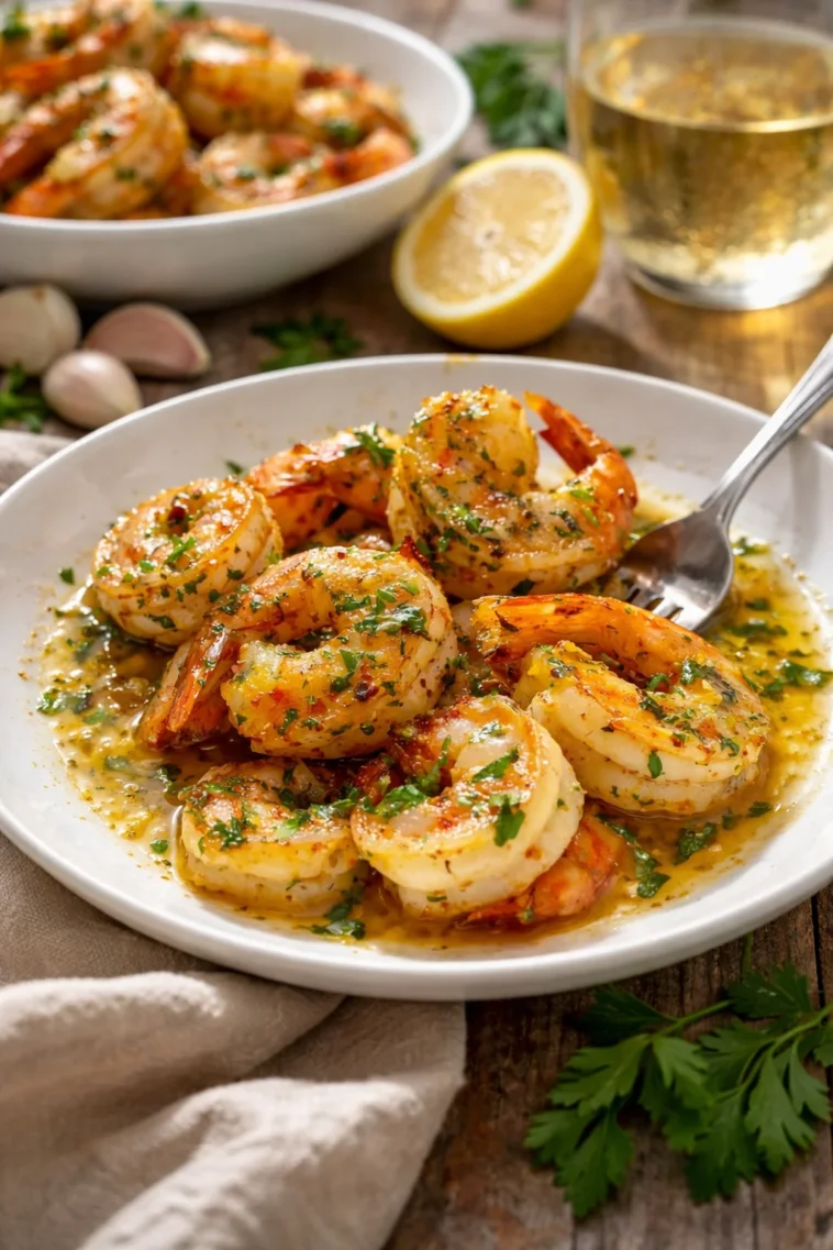 Einfache Garnelen Scampi in einer leckeren Knoblauchsoße serviert.