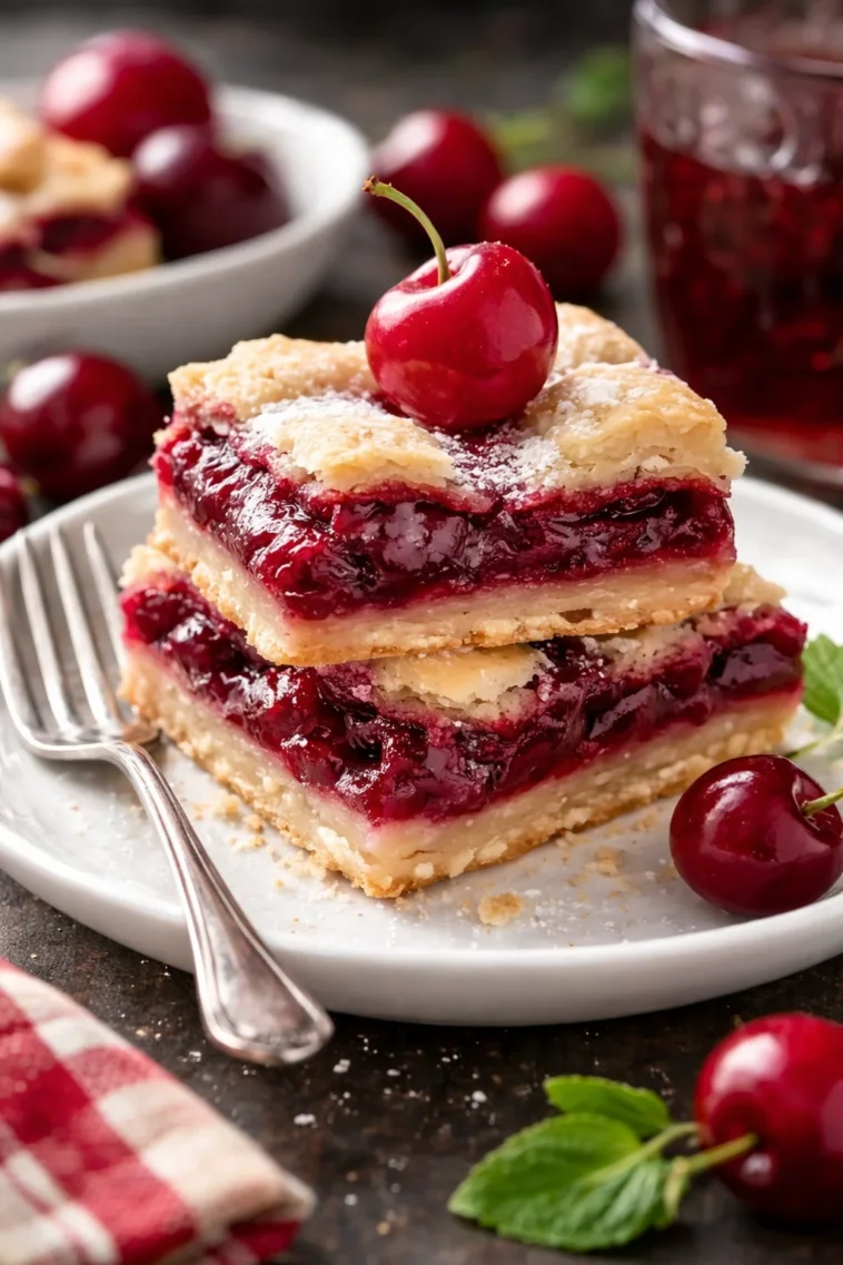 Einfache Kirschkuchenriegel auf einem Teller, bereit zum Genießen.