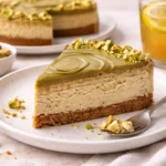 Leckerer einfacher Pistazienkäsekuchen auf einem Teller.