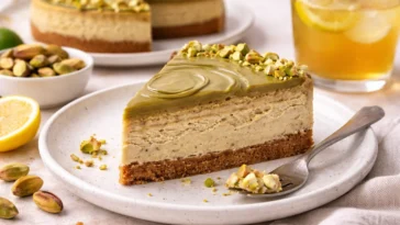 Leckerer einfacher Pistazienkäsekuchen auf einem Teller.