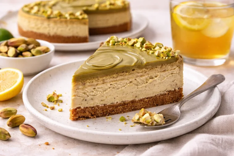 Leckerer einfacher Pistazienkäsekuchen auf einem Teller.