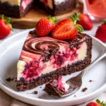 Schokoladen-Erdbeer-Marmorkäsekuchen auf einem dekorativen Teller