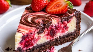 Schokoladen-Erdbeer-Marmorkäsekuchen auf einem dekorativen Teller