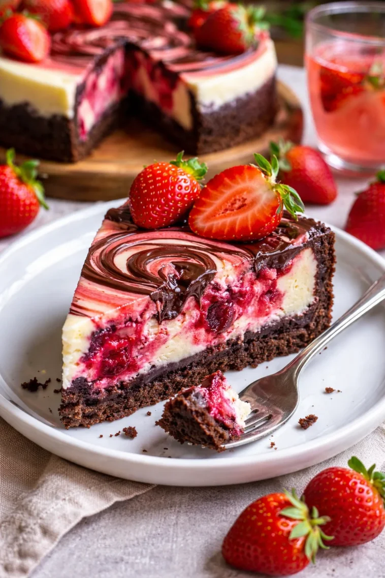 Schokoladen-Erdbeer-Marmorkäsekuchen auf einem dekorativen Teller
