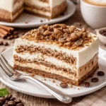 Kaffeekuchen-Cheesecake auf einem Teller, dekoriert mit Kaffeebohnen