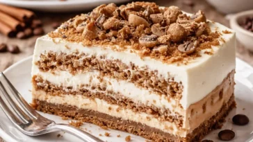 Kaffeekuchen-Cheesecake auf einem Teller, dekoriert mit Kaffeebohnen