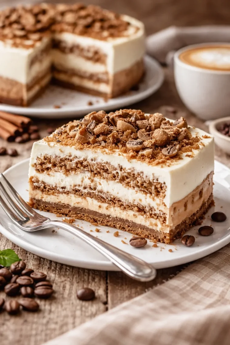 Kaffeekuchen-Cheesecake auf einem Teller, dekoriert mit Kaffeebohnen