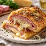 Ein leckeres Stromboli mit Schinken und Käse auf einem Tisch serviert.