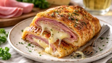 Ein leckeres Stromboli mit Schinken und Käse auf einem Tisch serviert.