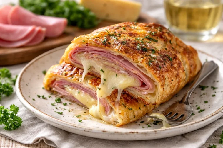 Ein leckeres Stromboli mit Schinken und Käse auf einem Tisch serviert.