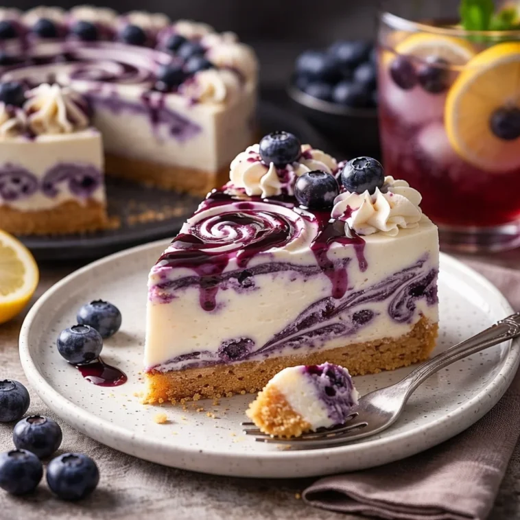 Eleganter weißer Schokoladen-Heidelbeer-Schichtkuchen mit frischen Heidelbeeren