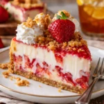Erdbeer-Crunch-Cheesecake mit frischen Erdbeeren und einem knusprigen Boden