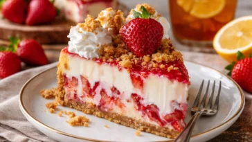 Erdbeer-Crunch-Cheesecake mit frischen Erdbeeren und einem knusprigen Boden
