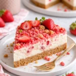 Erdbeer-Crunch-Cheesecake mit knusprigem Topping und frischen Erdbeeren
