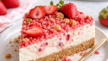 Erdbeer-Crunch-Cheesecake mit knusprigem Topping und frischen Erdbeeren
