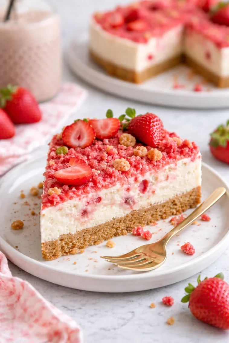 Erdbeer-Crunch-Cheesecake mit knusprigem Topping und frischen Erdbeeren