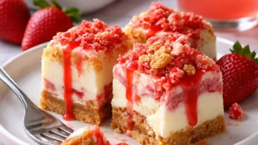 Erdbeer-Crunch-Cheesecake-Stückchen, leckere No-Bake-Dessert-Variation
