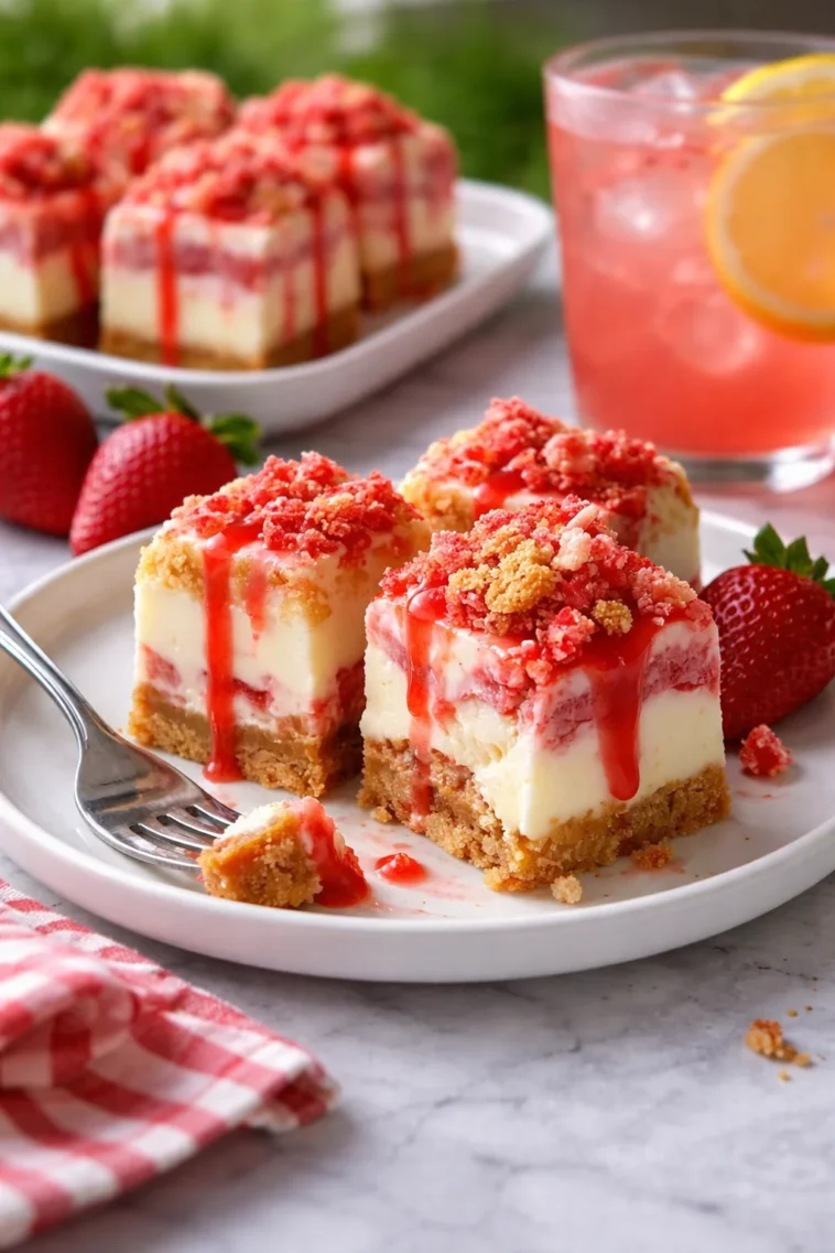 Erdbeer-Crunch-Cheesecake-Stückchen, leckere No-Bake-Dessert-Variation