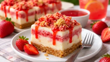Erdbeer-Crunch-Cheesecake-Stücke auf einem Teller, eine leckere No-Bake-Leckerei